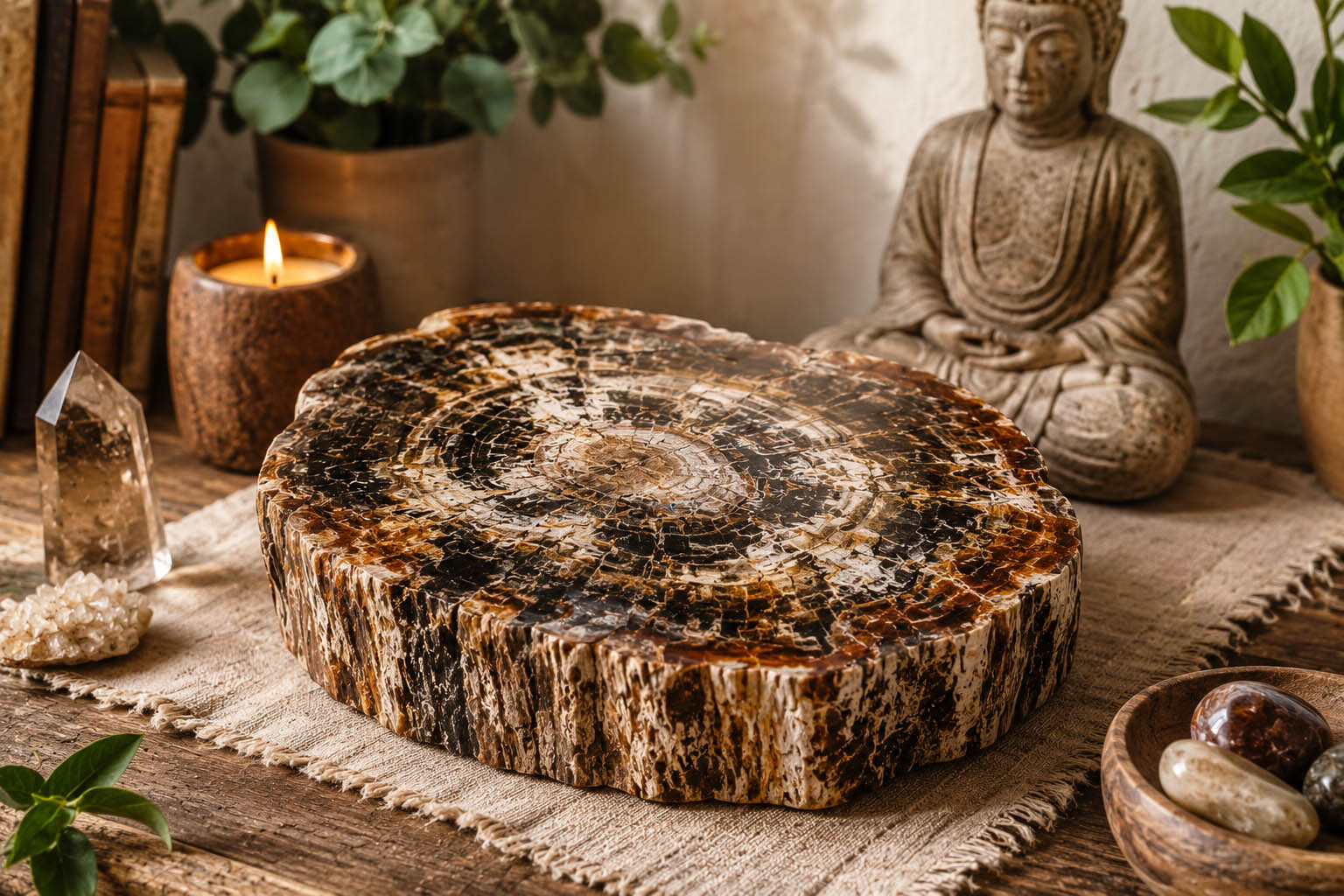 Serene meditation with petrified wood